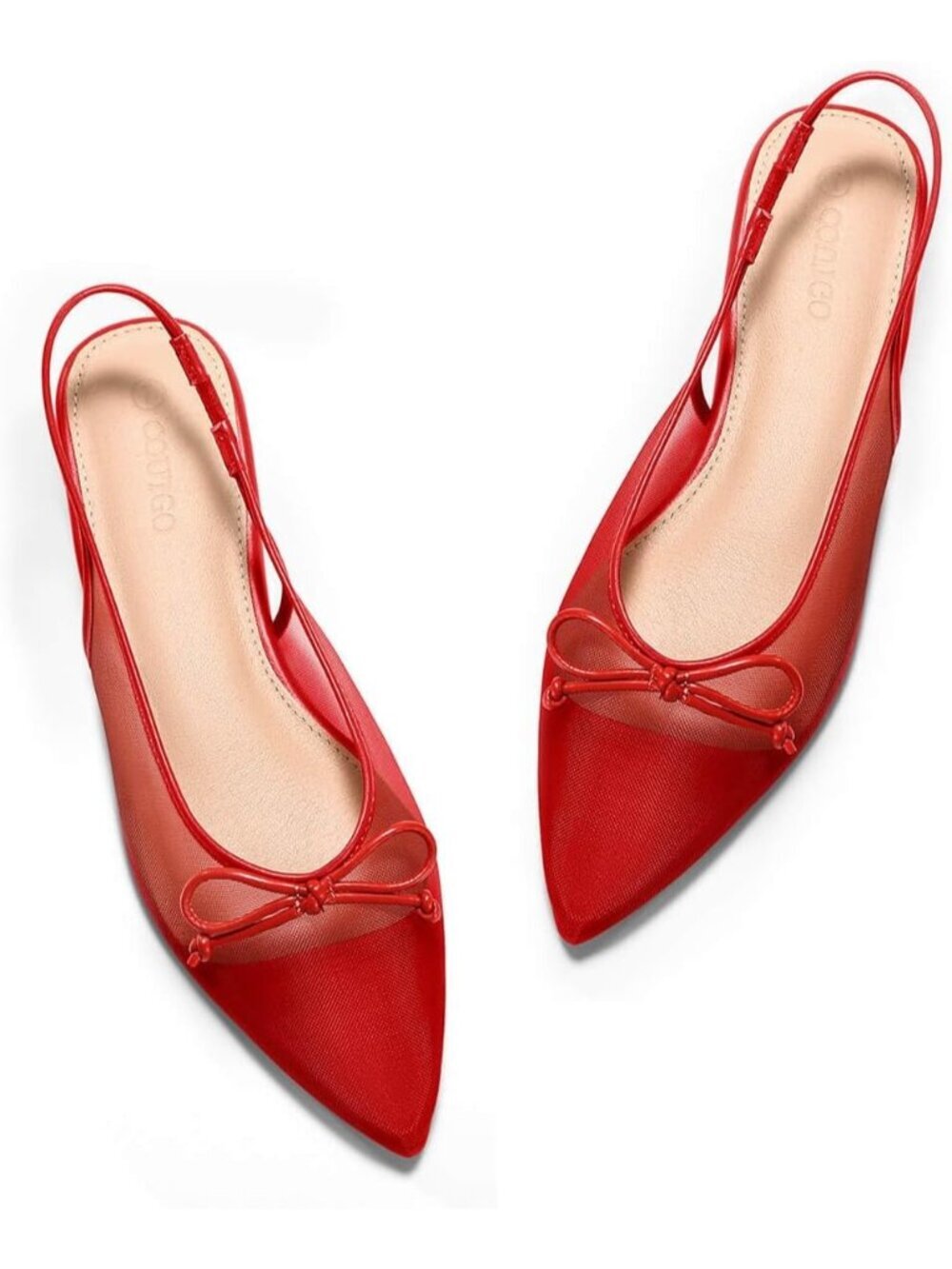Women's Red Slingback Flats Bow Closed Pointed Toe Low Heel Sandals Shoes